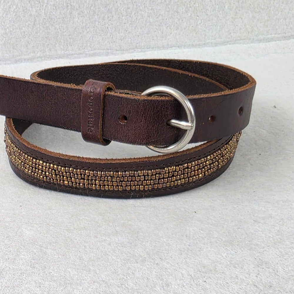Aeropostale Brown Leather Beaded Belt Silver Buckle Skinny Boho Western 39in